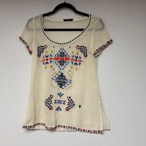LUX Boho Tribal Embroidered Sheer Tunic Top Blouse‎ Cream XS